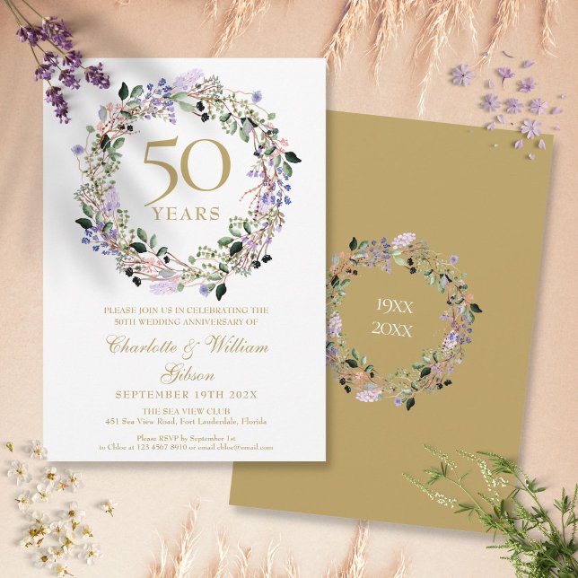 Lavender Floral Garland 50. Hochzeitstag Einladung (Lavender Floral Garland 50th Wedding Anniversary Invitation)