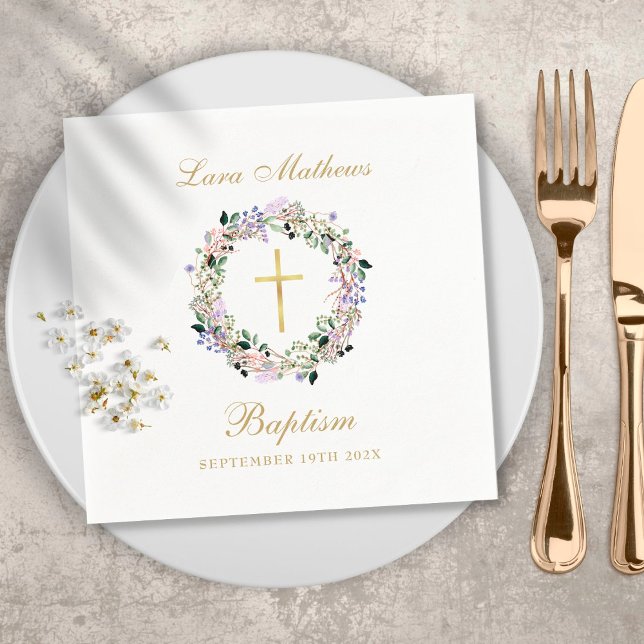 Lavender Floral Garland Gold Taufe Christening Serviette (Von Creator hochgeladen)