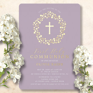 Lavender Floral Girls First Communion Folieneinladung