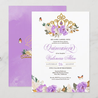 Lavender Floral Gold Tiara Butterfly Quinceanera Einladung