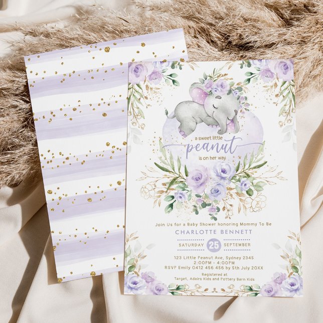 Lavender Floral Greenery Gold Elephant Baby Dusche Einladung (Von Creator hochgeladen)