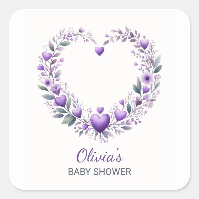 Lavender Floral Heart Baby Dusche Einladung Quadratischer Aufkleber (Vorderseite)