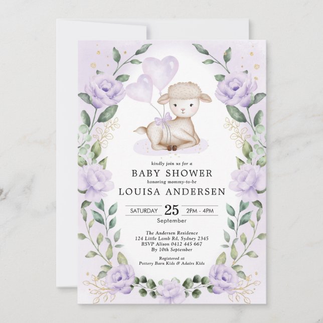 Lavender Floral Little Lamb Baby Sheep Dusche Einladung (Vorderseite)