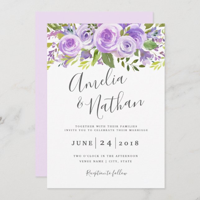 Lavender Floral Rose Hochzeit Einladung (Vorne/Hinten)