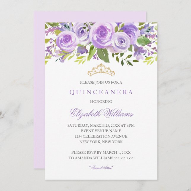 Lavender Floral Rose Quinceanera Einladung (Vorne/Hinten)