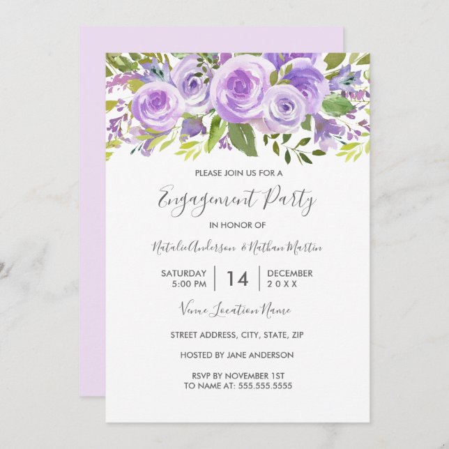Lavender Floral Rose Wedding Party Einladung (Vorne/Hinten)