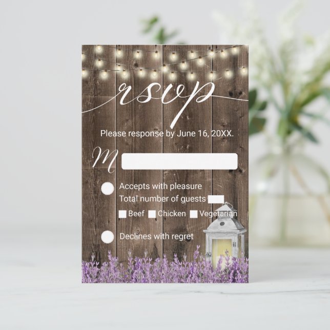 Lavender Floral Rustic Lantern Barn Wedding RSVP (Stehend Vorderseite)