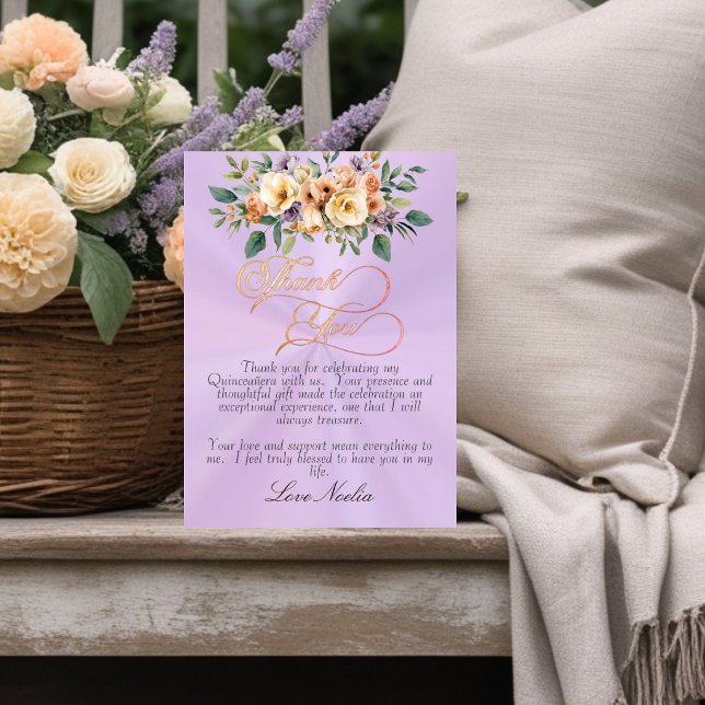 Lavender - Floral & Silver Tiara Quinceanera Dankeskarte (Von Creator hochgeladen)