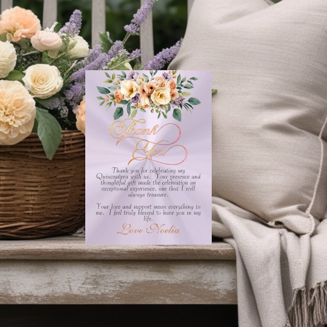 Lavender - Floral & Silver Tiara Quinceanera Dankeskarte (Von Creator hochgeladen)