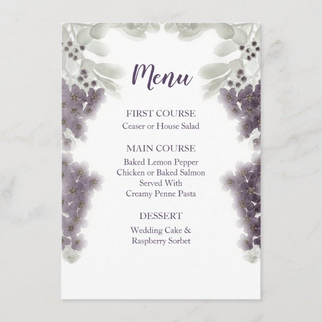 Lavender Floral Watercolor Wedding Menu Menükarte (Vorderseite)