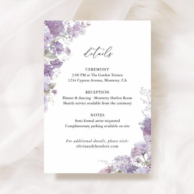 Lavender Floral Wedding Details, Information Begleitkarte (Lavender floral wedding details card with watercolor hydrangea, lilac, elegant wedding stationery)