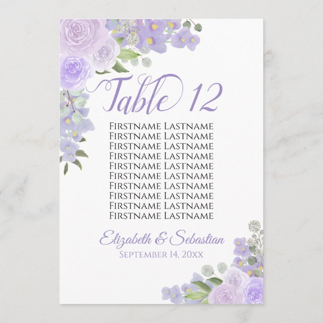 Lavender Floral Wedding Tischnummer & Names Large (Rückseite)