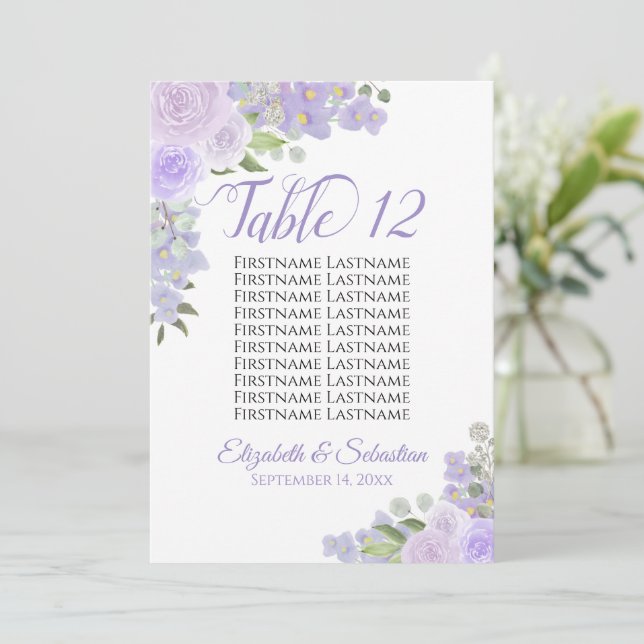Lavender Floral Wedding Tischnummer & Names Large (Stehend Vorderseite)