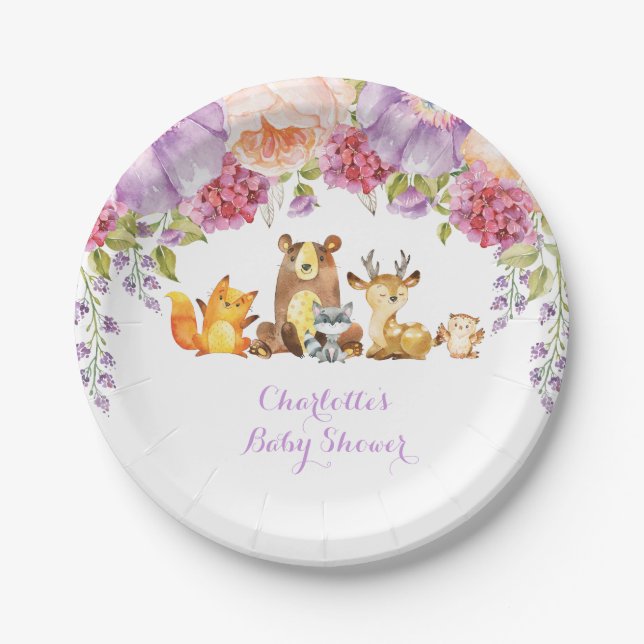 Lavender Floral Woodland Animals Baby Dusche Pappteller (Vorderseite)