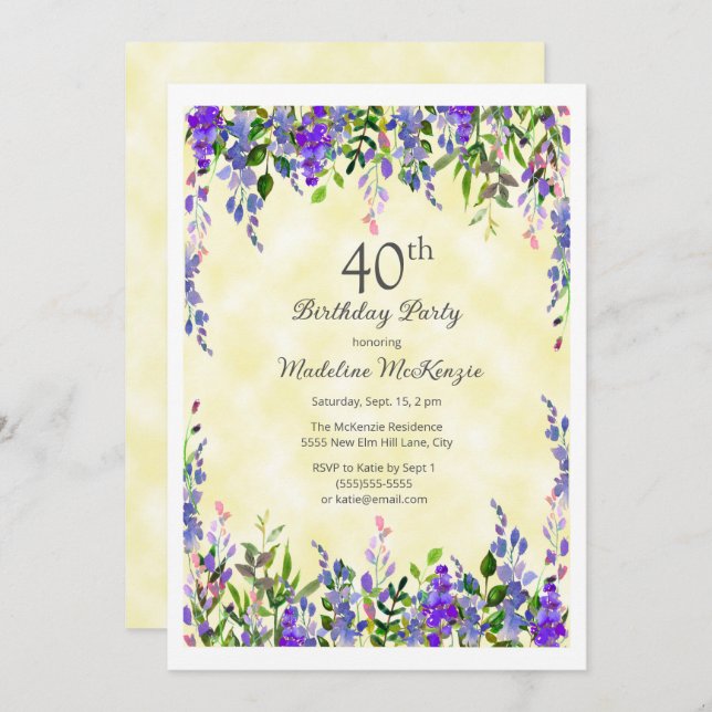 Lavender Floral Yellow 40. Geburtstags-Party Einladung (Vorne/Hinten)