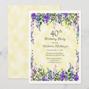 Lavender Floral Yellow 40. Geburtstags-Party Einladung