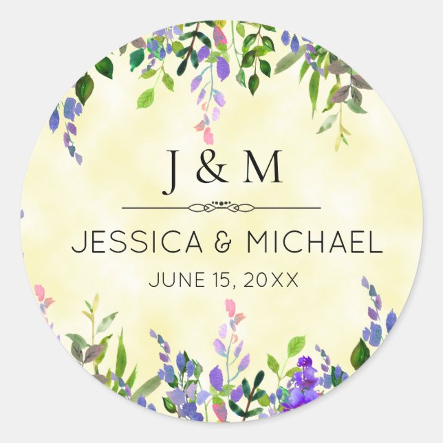 Lavender Floral Yellow Wedding Danke Monogram Runder Aufkleber (Vorderseite)