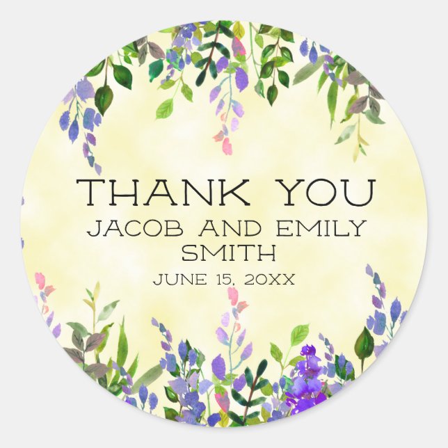 Lavender Floral Yellow Wedding Danke Sticker (Vorderseite)
