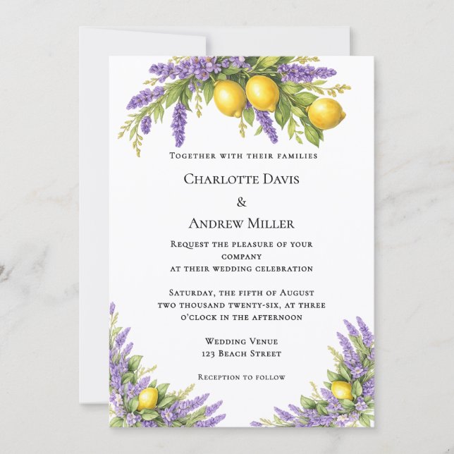 Lavender florals lemons wedding  einladung (Vorderseite)