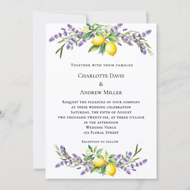 Lavender florals lemons wedding  einladung (Vorderseite)