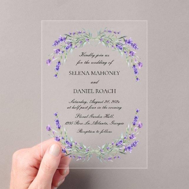 Lavender Florals Violet Wedding Acryleinladungen (Insitu (Handheld))