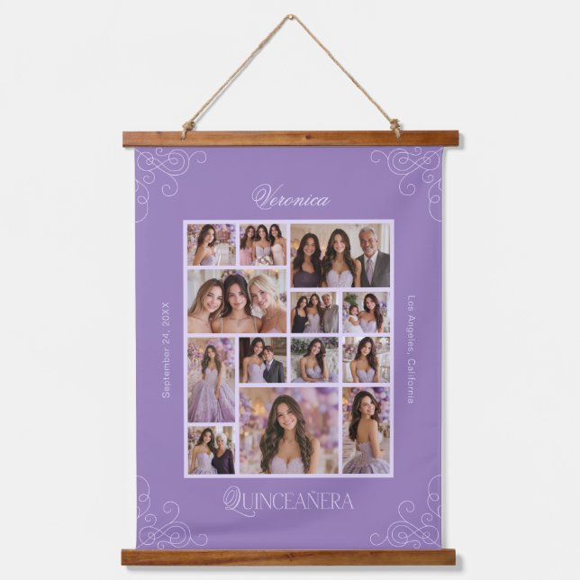 Lavender Foto Collage Keepake Quinceanera Wandteppich Mit Holzrahmen (Vorderseite)