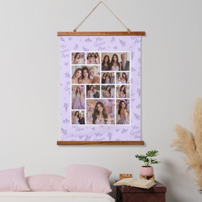 Lavender Foto Collage Keepake Quinceanera Wandteppich Mit Holzrahmen (Schlafzimmer)