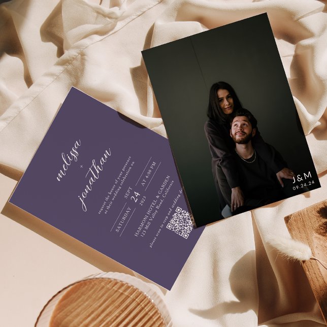 Lavender Foto Script Monogram QR Code Hochzeit Einladung (Von Creator hochgeladen)