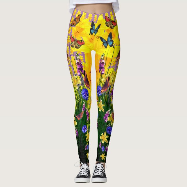Lavender Fun Butterfly Springtime Blume Leggings (Vorderseite)