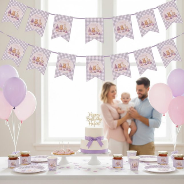 Lavender Gingham 1st Birthday Bunting Flags Wimpelkette (Von Creator hochgeladen)