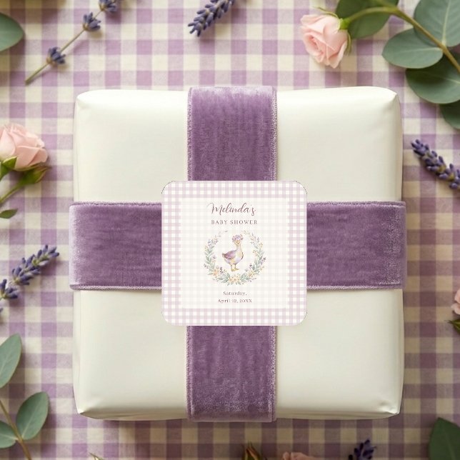 Lavender Gingham Goose Envelope Seal LPM26 Quadratischer Aufkleber (Whimsical Baby Shower Square Sticker Featuring a Watercolor Effect Goose)