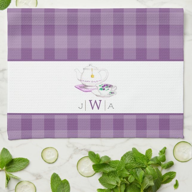Lavender Gingham Mit Monogramm Tea Party Geschirrtuch (Gefaltet)
