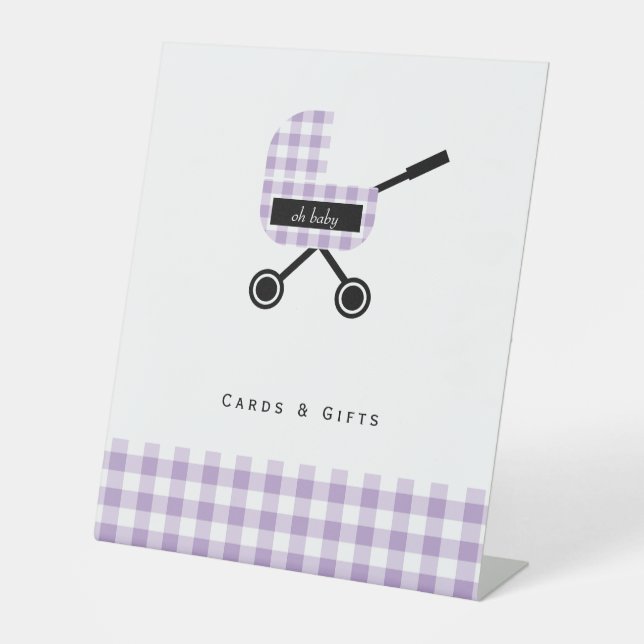 Lavender Gingham Pram Baby Duschkarten Sockelschild (Vorderseite)