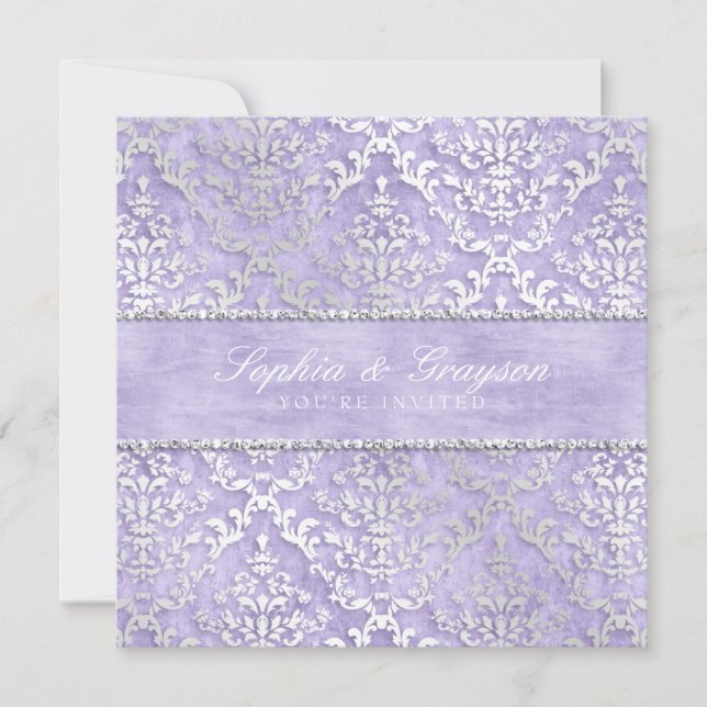 Lavender Glimmer Damask Wedite Einladung (Vorderseite)