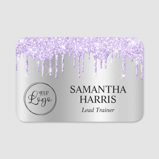 Lavender Glitter Drips Silver Shimmer Namensschild (Vorderseite)