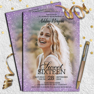 Lavender Glitter Photo Template Sweet 16 Party Einladung