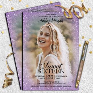 Lavender Glitzer Foto Template Sweet 16 Party Einladung