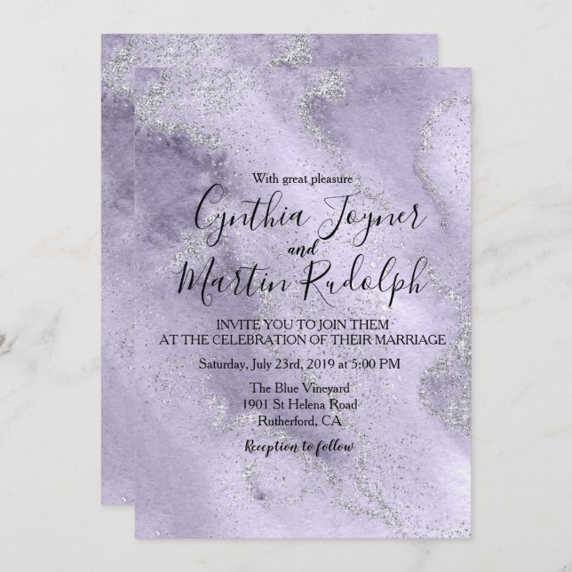 Lavender Glitzer Watercolor Einladung zur Hochzeit (Vorne/Hinten)