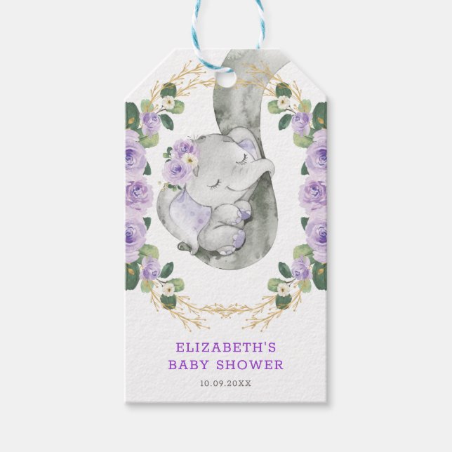 Lavender Gold Blumengrün Elephant Baby Dusche Geschenkanhänger (Vorderseite)