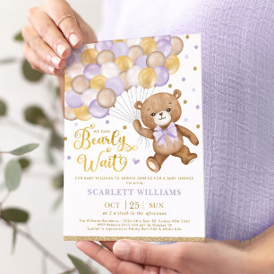 Lavender Gold Brown Teddy Bear Girl Baby Dusche Einladung