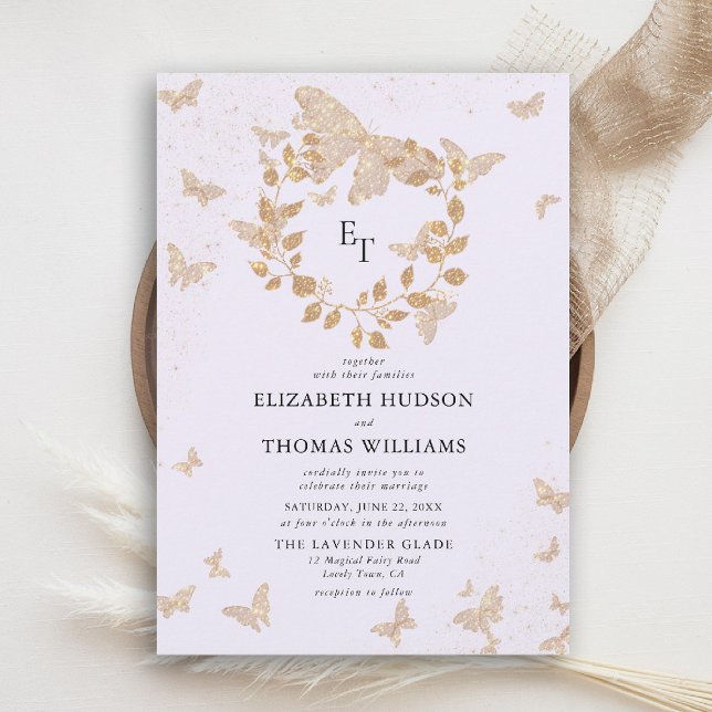 Lavender Gold Butterflies Eucalyptus Crest Wedding Einladung (butterfly wedding invitation lavender gold purple eucalyptus crest elegant modern romantic)