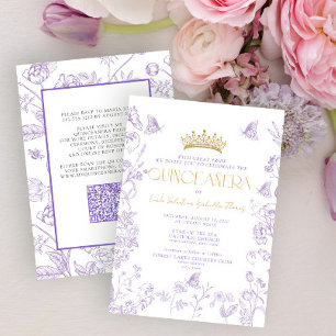 Lavender Gold Butterfly QR Quinceañera Quince Años Einladung