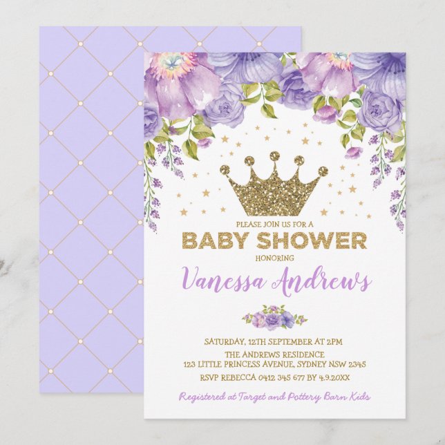 Lavender Gold Crown Princess Floral Baby Dusche Einladung (Vorne/Hinten)
