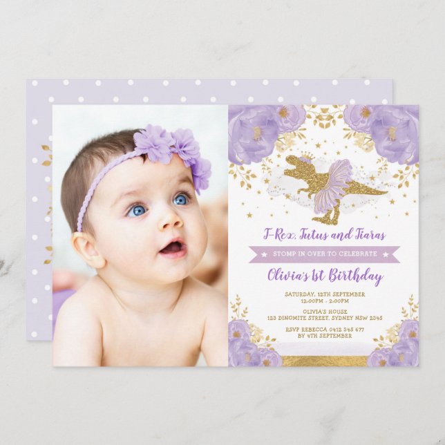 Lavender Gold Dinosaur T Rex Girl Birthday Foto Einladung (Vorne/Hinten)