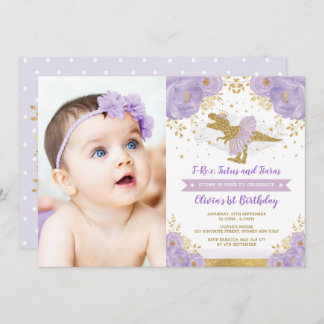 Lavender Gold Dinosaur T Rex Girl Birthday Foto Einladung