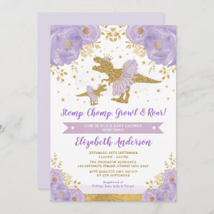 Lavender Gold Floral Dinosaur Girl Baby Dusche Einladung