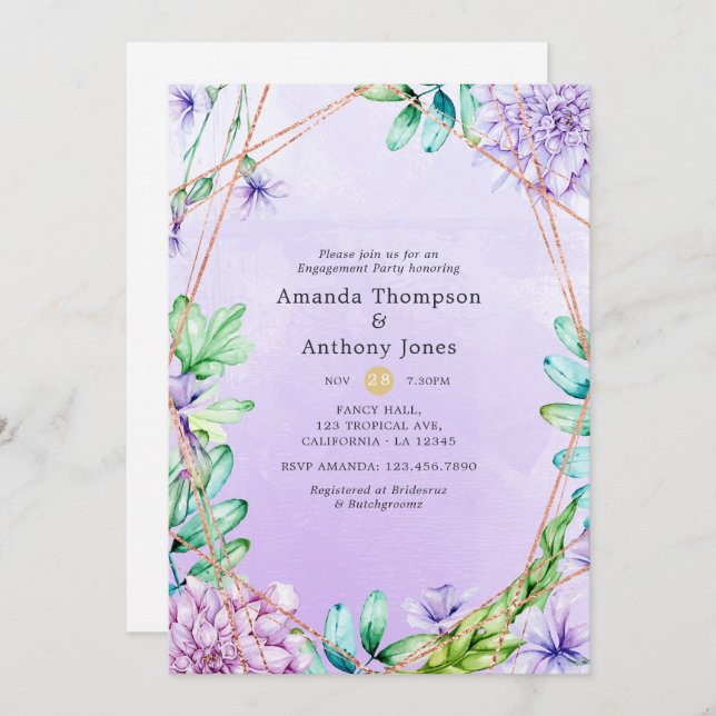 Lavender & Gold Floral Geometric Engagement Party Einladung (Vorne/Hinten)