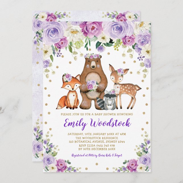 Lavender Gold Floral Woodland Animals Baby Dusche Einladung (Vorne/Hinten)