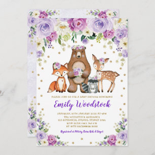 Lavender Gold Floral Woodland Animals Kinderdusche Einladung