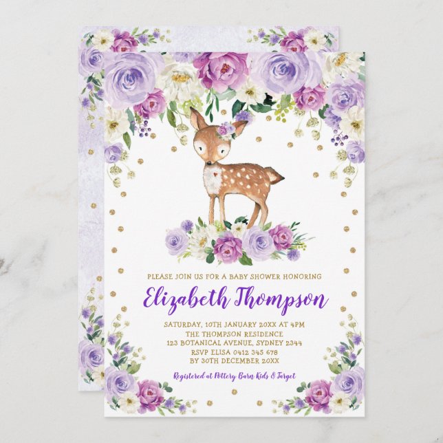 Lavender Gold Floral Woodland Deer Baby Dusche Einladung (Vorne/Hinten)